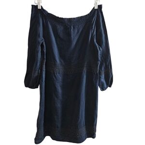 J.Jill Love Linen 100% Linen Dress Navy Blue Off the Shoulder Knee Length Dress